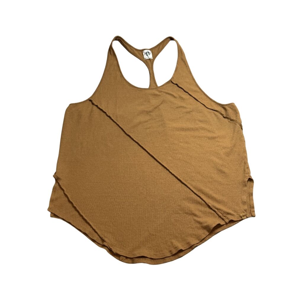 We the Free Tan Brown Racerback Cotton Linen Split Hem Tank Size XL Boho